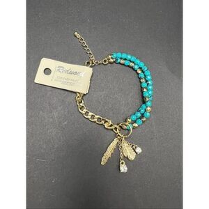 New! Redwood Faux Turquoise Gold Tone Bead Chain Bracelet with Feather Charms